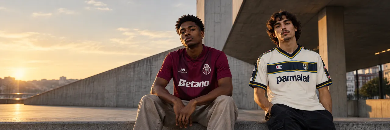 Dois rapazes sentados com camisas retrô de futebol
